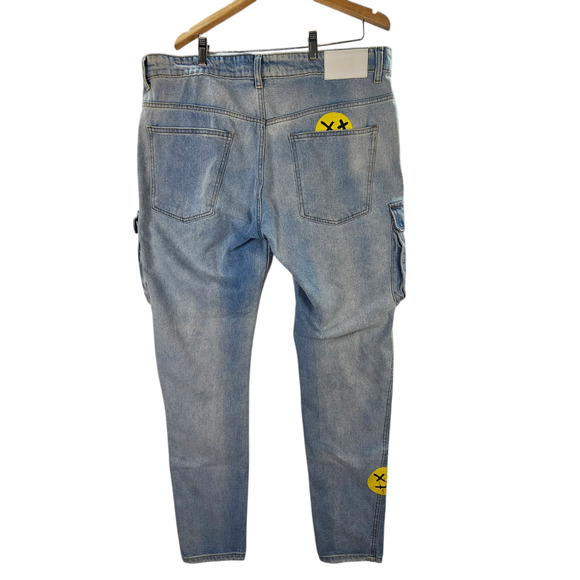 NWT Boohoo Man Mens 42 Ice Blue Denim Jean Plus Skinny Rigid Stacked Print Cargo - Picture 2 of 16